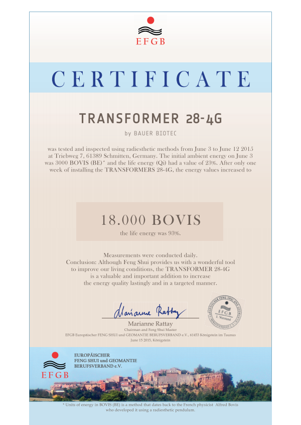 EFGB Europaischer FENG SHUI CERTIFICATE for TRANSFORMER 28-4G